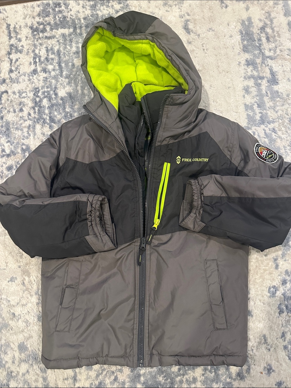 Free Country Boys Gray Winter Ski Jacket with Neon Green Lining S/8